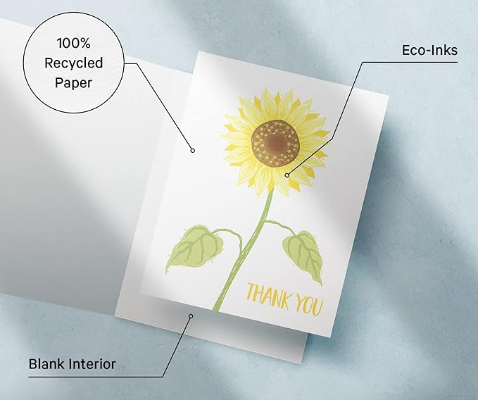 Twigs Paper Thank You Card Set - 12 Assorted Greeting Cards For All Occasions - Thank You Cards with Envelopes - Appreciation Cards - Eco Friendly - Made In USA - 5.5 x 4.25 Inch Size - Sunflower