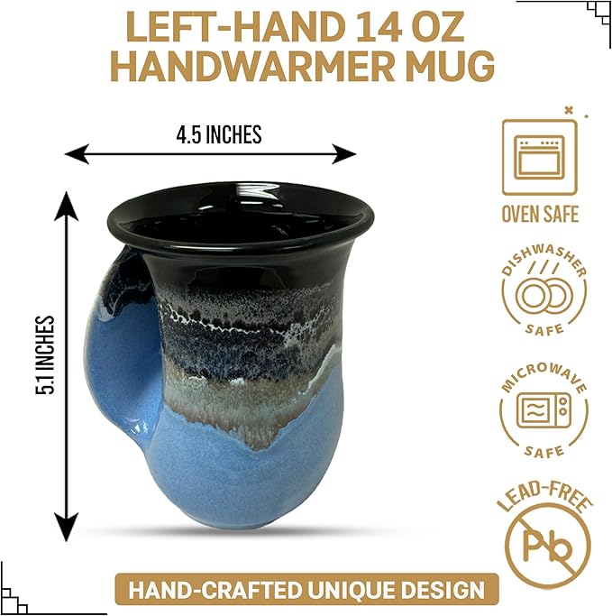 Clay in Motion Hand Warmer Coffee Mug – Handmade Coffee Mug With Comfortable Handle Contoured Pocket Hand Warming Ceramic Coffee Mug – Proudly Made in USA – Left Handed – 14 Oz - Pacific Chill
