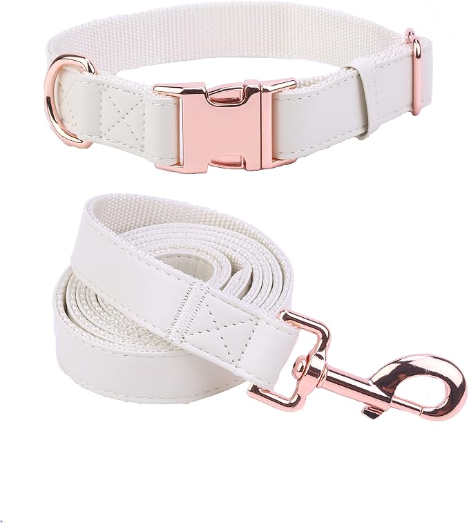 Dog Collar and Leash Set.Soft and Easy to Clean Vegan Leather with Rose Gold Metal Buckle for Small Medium Large Dogs (Off-White, M(13.8"-19.7"))