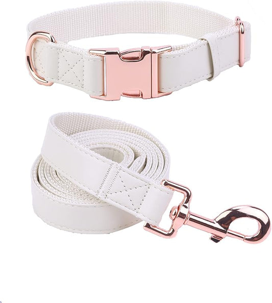 Dog Collar and Leash Set.Soft and Easy to Clean Vegan Leather with Rose Gold Metal Buckle for Small Medium Large Dogs (Off-White, M(13.8"-19.7"))