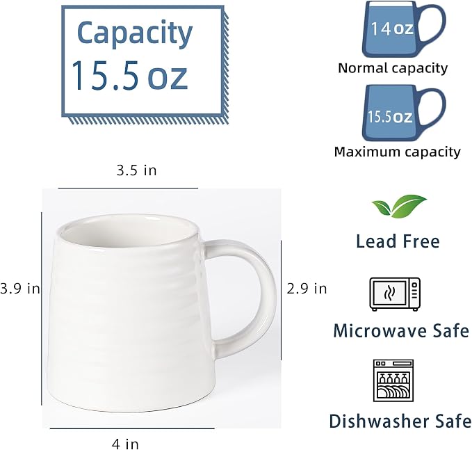 Large Ceramic Coffee Mug, Handmade Pottery Mugs, Tea Cups with Big Handle for Office and Home, 15.5 oz, Dishwasher and Microwave Safe (White)
