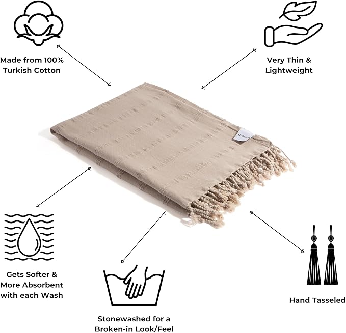 InfuseZen Stonewashed Turkish Cotton Bath and Beach Towel - Beige | 100% Organic, Thin, Soft, Lightweight, Absorbent, Quick-Drying, Large Peshtemal, Sand-Resistant for Shower, Pool, Spa, Travel