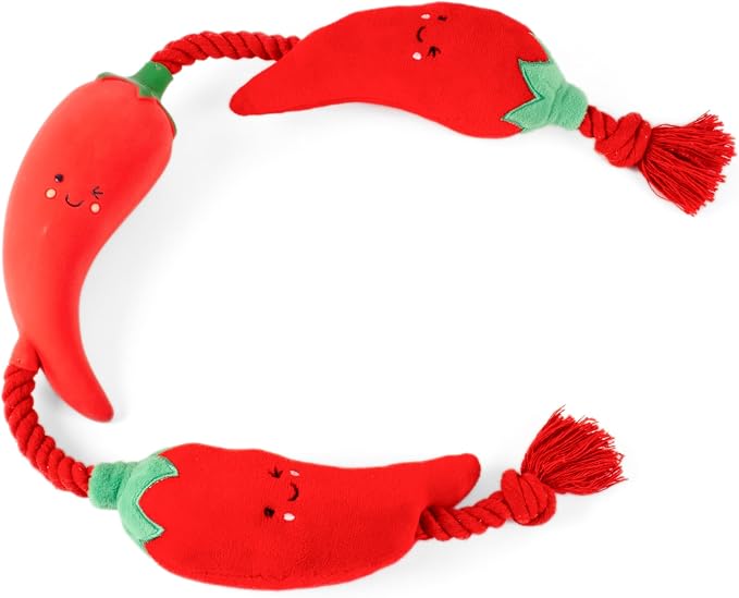 Fuzzl Tugga Chilis Dog Toy 75cm - Rope Latex and Plush Dog and Puppy Throw Fetch and Tug with Squeaker