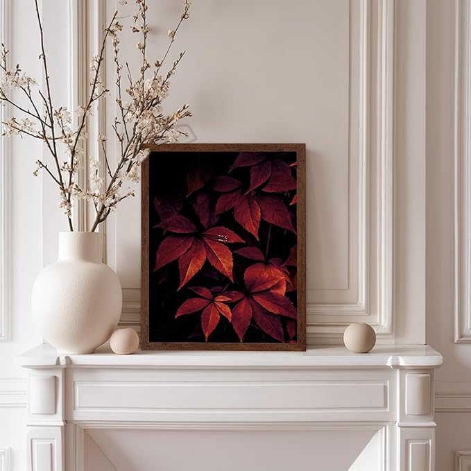 Monem Art Red Autumn Leaves Macro Photography Print - Moody Botanical Nature Poster - Wall Decor for Living Room, Bedroom or Office - 8x10 Brown Framed Wall Art by Mareike Bohmer