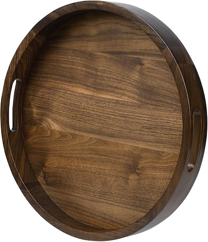 15 x 15 inches Round Ottoman Table Tray, Wooden Solid Black Walnut Circle Platter Decorative Serving Tray with Handle for Oversized Ottoman Home Breakfast in Bed Tea Coffee