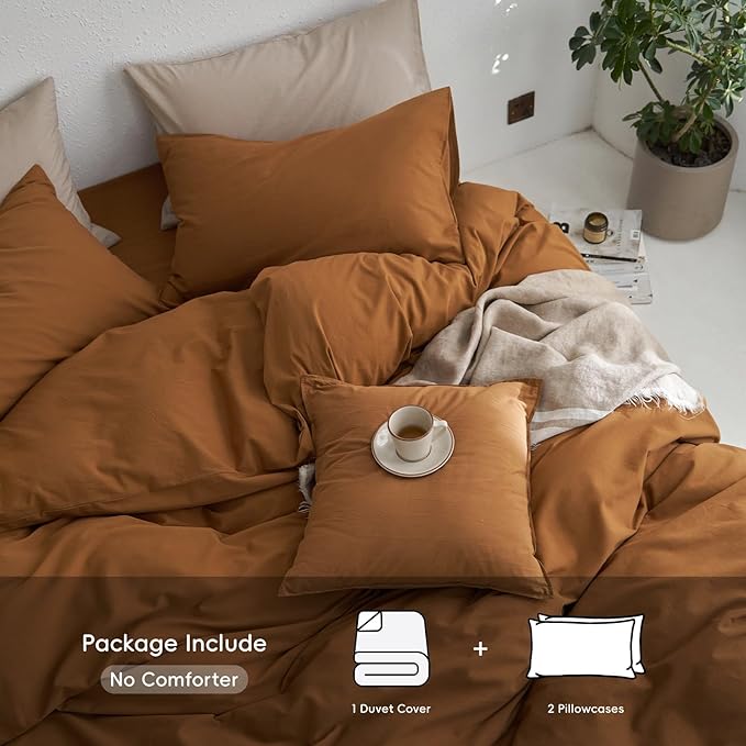 MooMee Oversized King Duvet Cover Set, 100% Washed Cotton Linen Like Twill Thick Sturdy Material Super Soft Breathable Durable Bedding for All Season, 3 Pieces (Dark Orange, Oversized King 120"x98")