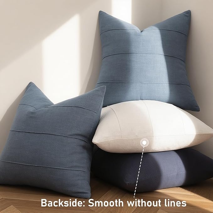 ZWJD Decorative Linen Throw Pillow Covers 18x18 Set of 2 Solid Handcrafted Striped Cushion Covers for Bed Soft Modern Farmhouse Neutral Pillowcase for Couch Bedroom Living Room Home Decor(Slate Blue)