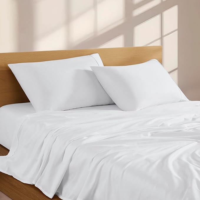 Linen Closet 4Pc 100% Organic Cotton Full Size Sheets Set, White, 300 Thread Count, Naturally Derived EarthColors, Deep Pocket Fitted Sheet (Up to 18"), Soft Bed Sheets Set, Juego De Sábanas Full
