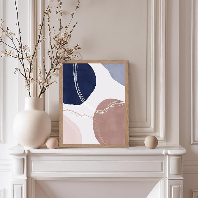 Monem Art Abstract Organic Shapes Print - Scandinavian Blue Geometric Poster - Wall Decor for Living Room, Bedroom or Office - 12x16 Beige Framed Wall Art by Mareike Bohmer