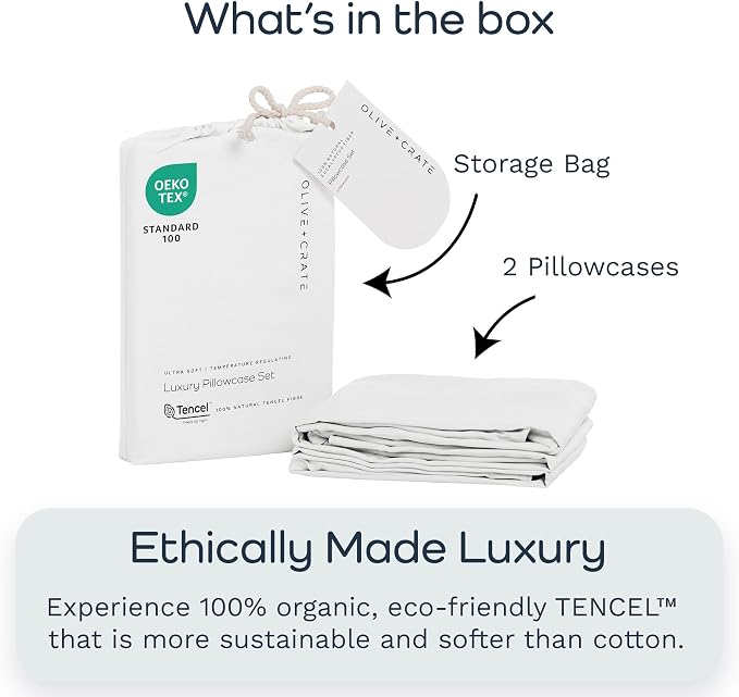 Olive + Crate Tencel Eucalyptus Pillowcases - 100% Tencel Lyocell Cooling Pillow Cases for Hot Sleepers - Hypoallergenic, Moisture-Wicking, Silk Alternative, Vegan - Queen Size Set of 2 [White Snow]