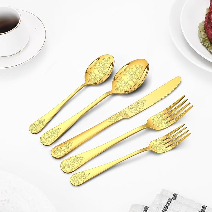 40 Pcs Gold Silverware Set for 8, Food Grade Stainless Steel Flatware Set, Eating Utensils Sets Include Fork/Knife/Spoon, Reusable Cutlery Set for Home Kitchen, Dishwasher Safe, Embossed pattern-2