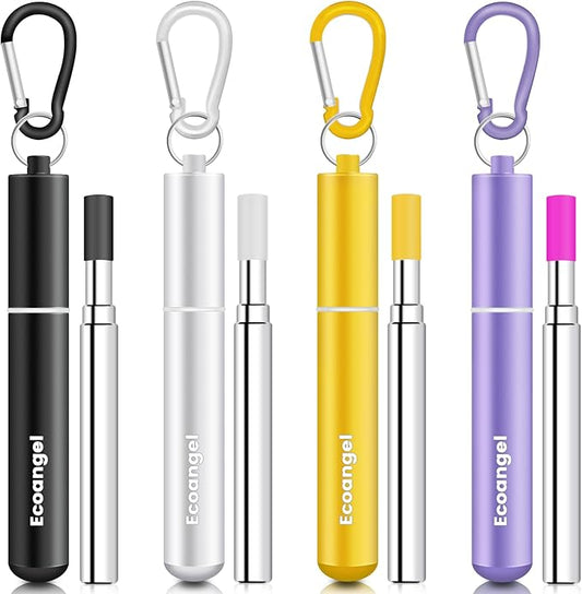 Ecoangel Cruise Ship Essentials,4-Pack reusable Collapsible Stainless Steel Drinking Straws with Aluminum Case,Cleaning Brush,and Keychains （Black & silver & purple & gold）