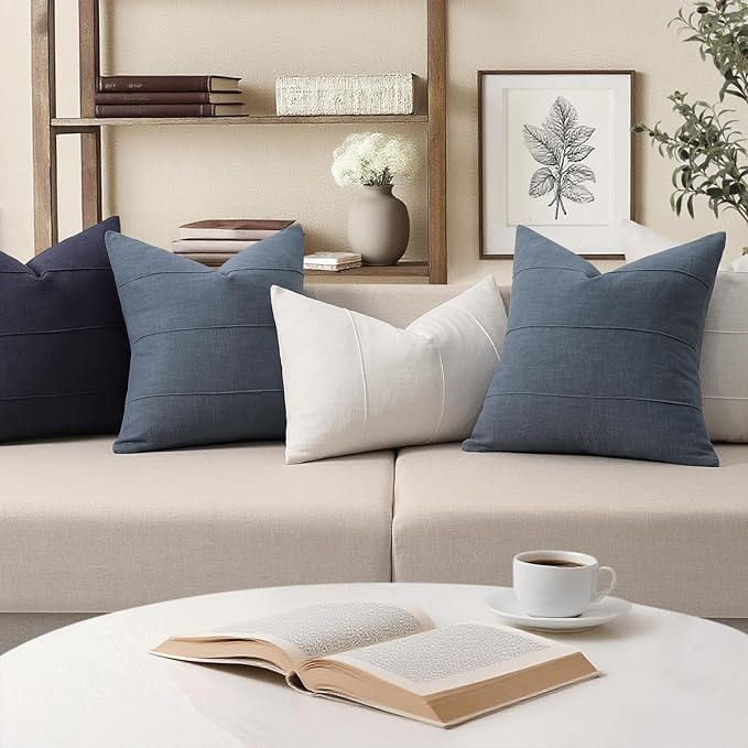 ZWJD Decorative Linen Throw Pillow Covers 22x22 Set of 2 Solid Handcrafted Striped Cushion Covers for Bed Soft Modern Farmhouse Neutral Pillowcase for Couch Bedroom Living Room Home Decor(Slate Blue)