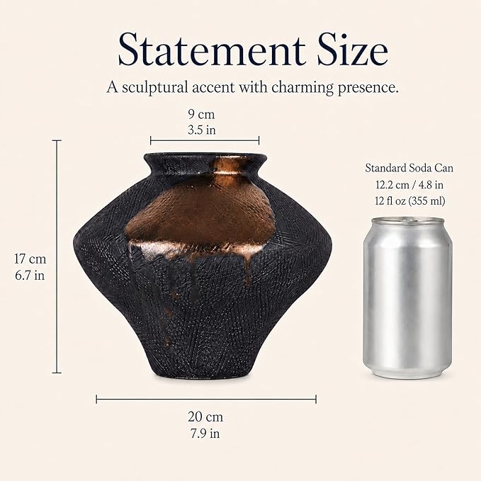 Black Wabi Sabi Vase, Small Rustic Ceramic Vase for Home Decor, Textured Black Pottery-Inspired Decorative Vase for Shelf Coffee Table Console Entryway Curated Modern Decor