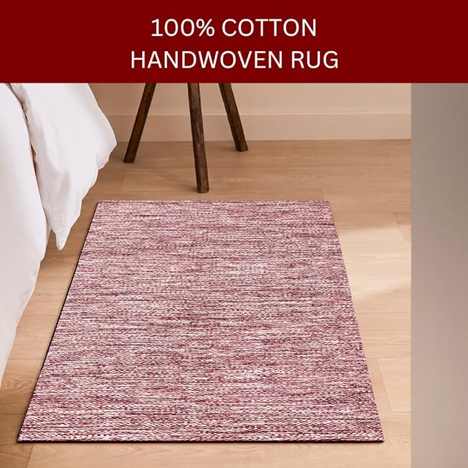 Hand Woven Area Rug 2x3 Feet - Rustic Farmhouse Bohemian Accent Rug for Living Room Bedroom Kitchen Entryway Floor Mats - Ideal for High Traffic Areas 100% Cotton Rag Rug Red