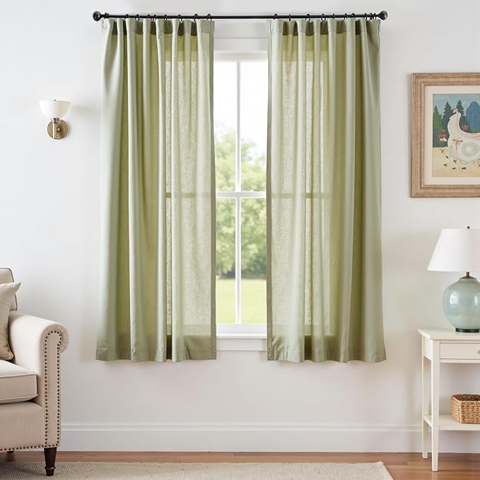 jinchan Linen Blend Curtains 63 inch Length 2 Panels for Bedroom Living Room, Semi Sheer 50 inch Wide Farmhouse Cottage Core Style Drapes with Rod Pocket Back Tab(50W x 63L, Sage Green)