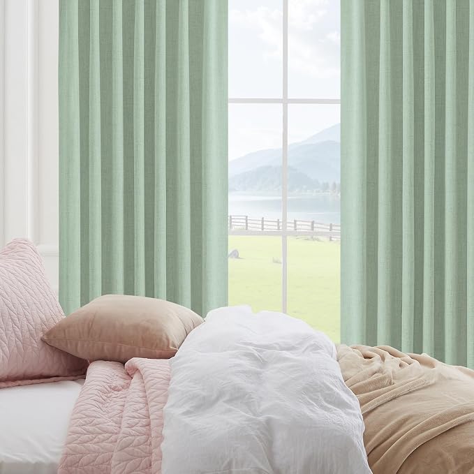 CUCRAF Linen 100% Blackout Curtains 72 Inch Length 2 Panels Set, Back Tab and Rod Pocket Curtain for Living Room Bedroom, Room Darkening Window Drapes Thermal Insulated, (37x72 inch, Sage Green)