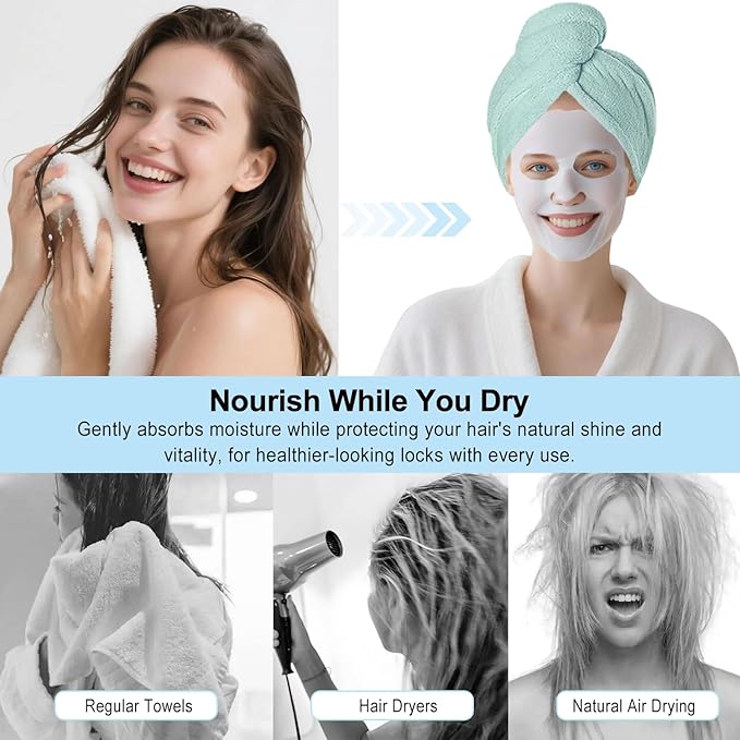 Microfiber Hair Drying Towel Wrap for Women, Hair Turbans Towel for Wet Hair,turbie Twist Hair Towels(The Color of the Picture is for Reference only) (Light Green,Pink)