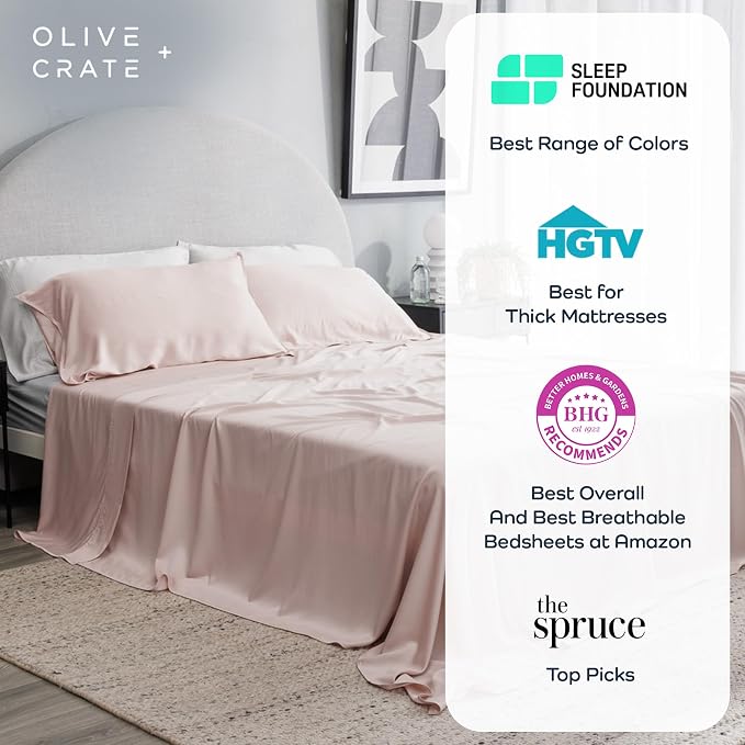 Olive + Crate Tencel Eucalyptus Pillowcases - 100% Tencel Lyocell Cooling Pillow Cases for Hot Sleepers - Hypoallergenic, Moisture-Wicking, Silk Alternative, Vegan - King Size Set of 2 [Barely Pink]