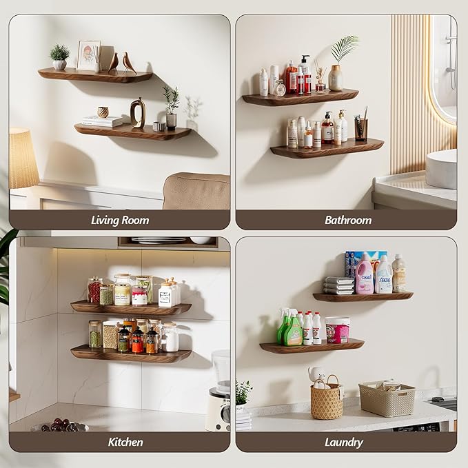 Solid Walnut Floating Shelves for Wall 16.5 Inch Set of 2, Round Edge Wall Mounted Shelf,Rustic Farmhouse Wooden Floating Shelf,Wood Wall Shelf for Bathroom Living Room,Bedroom,Kitchen