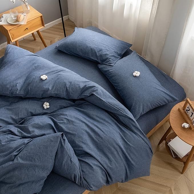 FACE TWO FACE Bedding Duvet Cover Set100% Washed Cotton Duvet Cover Linen Like Textured Breathable Durable Soft Comfy(California King, Navy Blue)