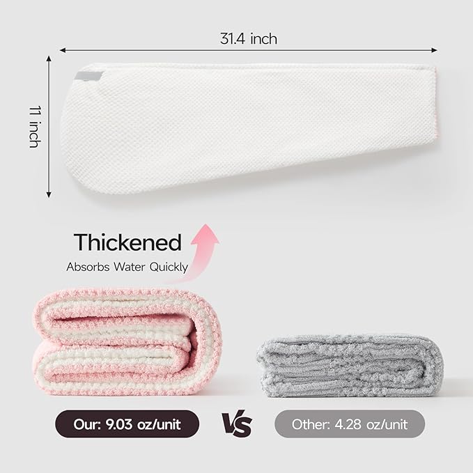 REDKISS Microfiber Hair Towel Wrap for Women, Double Sided Hair Towels with Elastic Strap, Super Absorbent Quick Dry Hair Drying Towel for Long, Thick, Curly Hair, Anti-Frizz Turban (Pink & White)