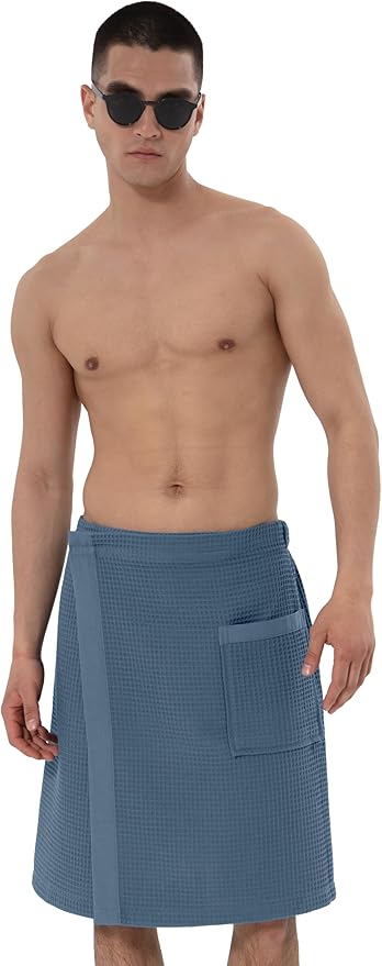 SEYANTE Men's Organic Waffle Spa Wrap – GOTS Certified 100% Turkish Cotton, Adjustable Closure, Same-Color Piping