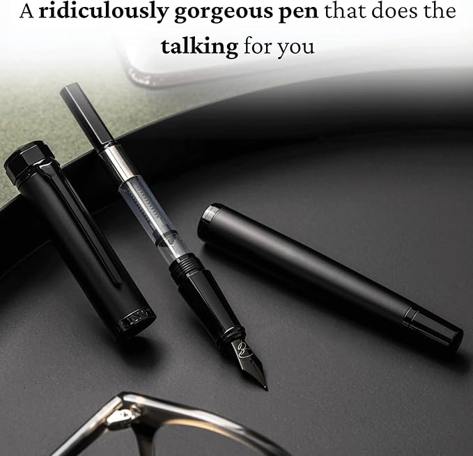 Ellington Pens Luxury Fountain Pen Set - Smooth Medium Nib - Includes 3 Ink Cartridges, Refillable Ink Converter, Gift Box - Fountain Pens For Writing, Calligraphy, Journaling, Sketching (The Stealth)