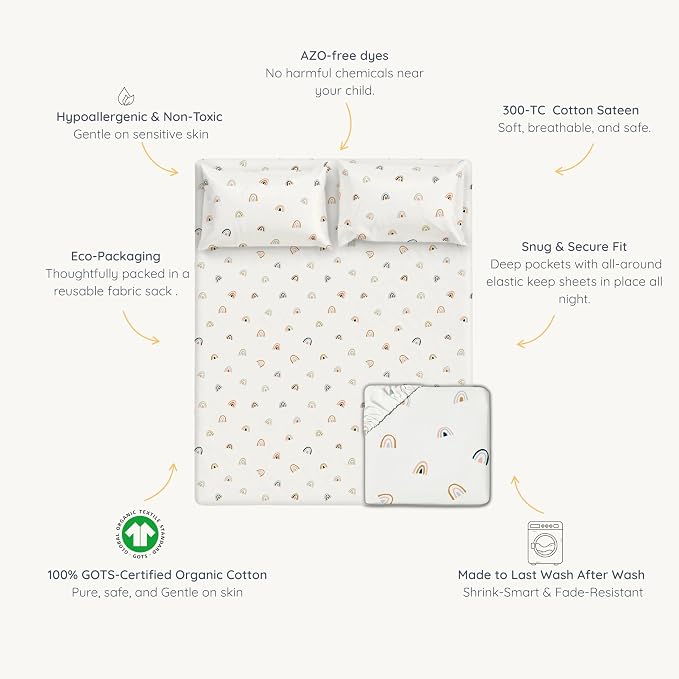 MakeMake Organics Organic Queen Fitted Sheet Set GOTS Certified Organic Cotton Fitted Sheet with Pillowcase Ultra Soft Non Toxic Breathable Hypoallergenic Colorful Neutral (Queen, Rainbow)