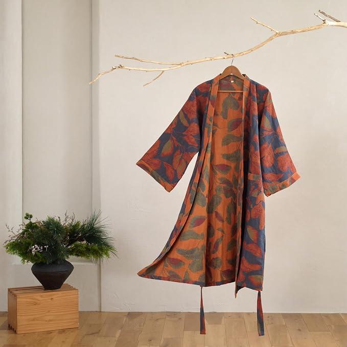 100% Cotton Gauze Ginkgo Leaf Kimono Robe, Long Knit Loose Bathrobe Nightgown Ladies Loungewear Sleepwear for Women