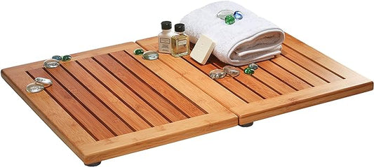 Bamboo Bath Mat - Foldable Wooden Shower Mat, Non-Slip Bamboo Bathroom Mat for Indoor/Outdoor Use, Spa & Sauna Floor Mat, Wood Bath Mat 24" x 18"