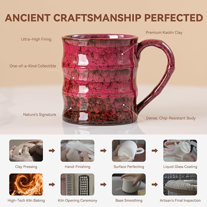Rustic Red Ceramic Coffee Mug 15oz – Handcrafted Unique Gift for Coffee Lovers, Comfortable Large Handle, Dishwasher Safe