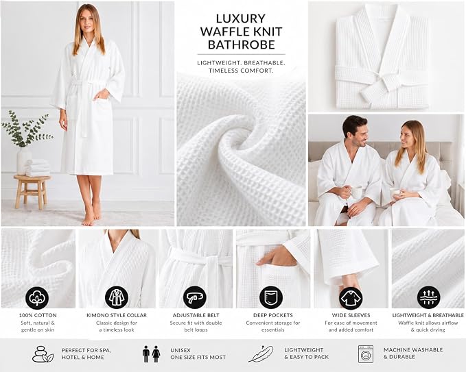 C&A COLLECTION Bath RObe waffle knit 100% cotton Light weight one size fits most Unisex for Spa,hotel and bath, White