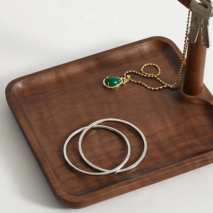 Black Walnut Solid Wood Key Dish Bowl for Entryway Table Square Tray With 3 Hooks, Open Storage for Keys, Wallet, Jewelry (Walnut, Square)