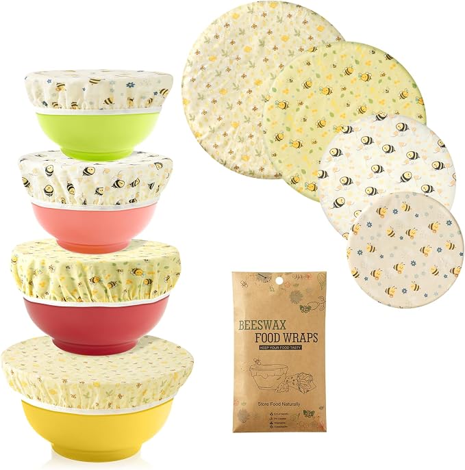 Reusable Beeswax Bowl Covers 4-Pack (6″ 8″ 10″ 12″), Elastic Cotton Food Storage Covers for Bread Proofing, Sourdough Dough & Containers