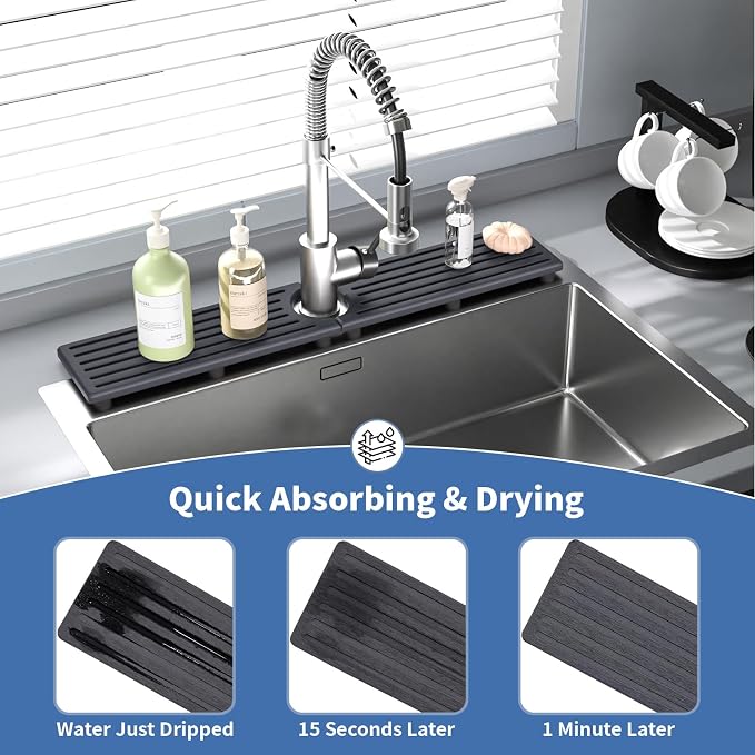 Faucet Mat for Kitchen Sink, Water Absorbent Kitchen Faucet Mat, Durable Sink Splash Guard with Raised Feet, Diatomite Fast Drying Kitchen Sink Faucet Mat, Stone Drying Tray for Bathroom Counter
