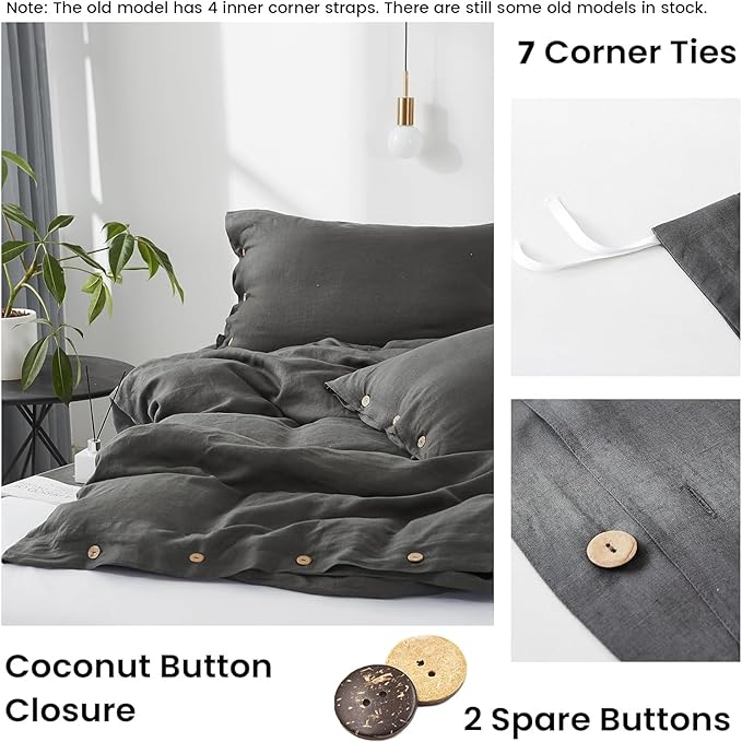 Simple&Opulence 100% Linen Duvet Cover Set 3pcs with Coconut Button Closure Natural French Washed Flax Solid Color Soft Breathable Farmhouse Bedding - Dark Grey, King Size