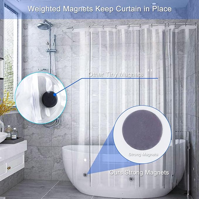 60 x 72 Clear Shower Curtain Liner with Magnets and Rustproof Grommets, Lightweight, Waterproof, Odor-Free, Suitable for Home, Hotel, Office etc.