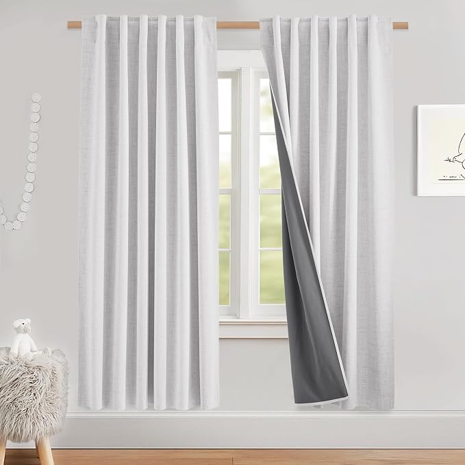 NICETOWN 100% Black Out Curtains 72 inch Long, Linen Blend Insulated Rod Pocket & Back Tab Full Light Blocking Draperies with Gray Liner for Night Shift Workers (1 Pair, 52 by 72-inch, Greyish White)