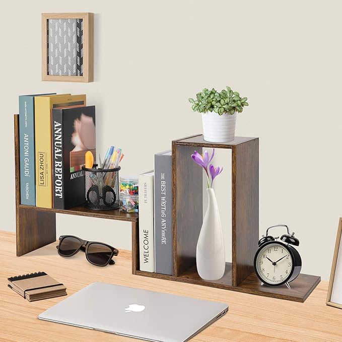 Sorfity Expandable Wood Desktop Bookshelf Desktop Organizer Office Storage Rack Wood Display Shelf, Counter Storage Rack Top Bookcase - Freestyle Display Natural Stand Office Supplies Desk Organizer