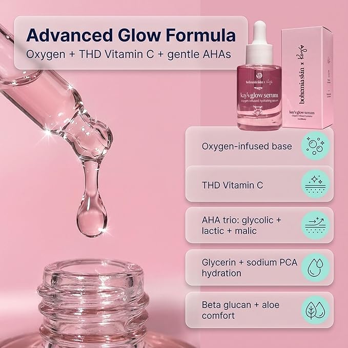 Kay's Glow Vitamin C Serum for Face with Illuminating Oxygen & THD, Brightening AHA Dark Spot Remover & Anti-Aging Serum, Hydrating Primer for Smooth Makeup, 1 fl oz