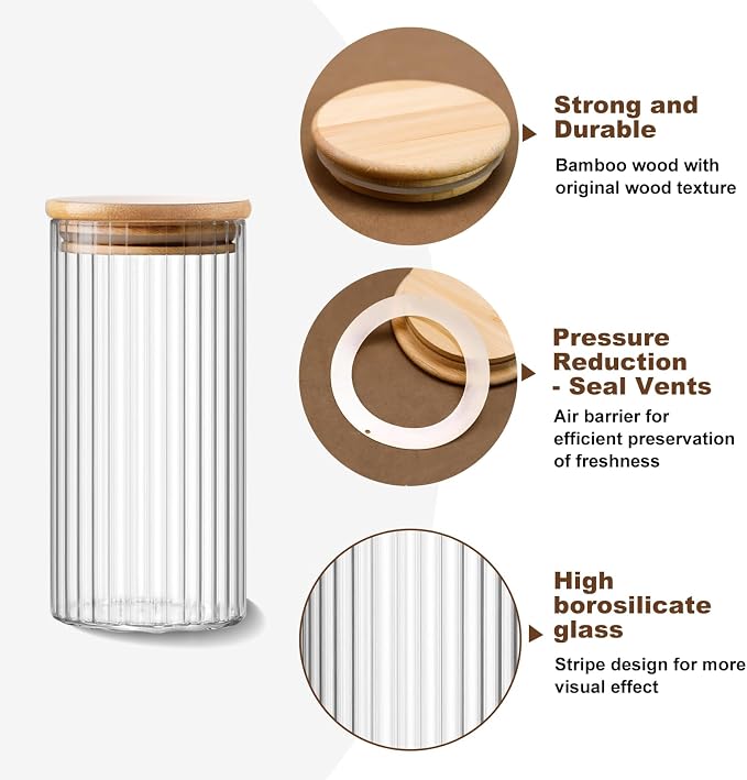 6 Pack(600ml/20.29Oz) Glass Canisters with Air Tight Lids - Round Storage Containers - Kitchen Glass Storage Jars with Bamboo Lids - Jars for Sugar,Spices,Cookies,Cereals