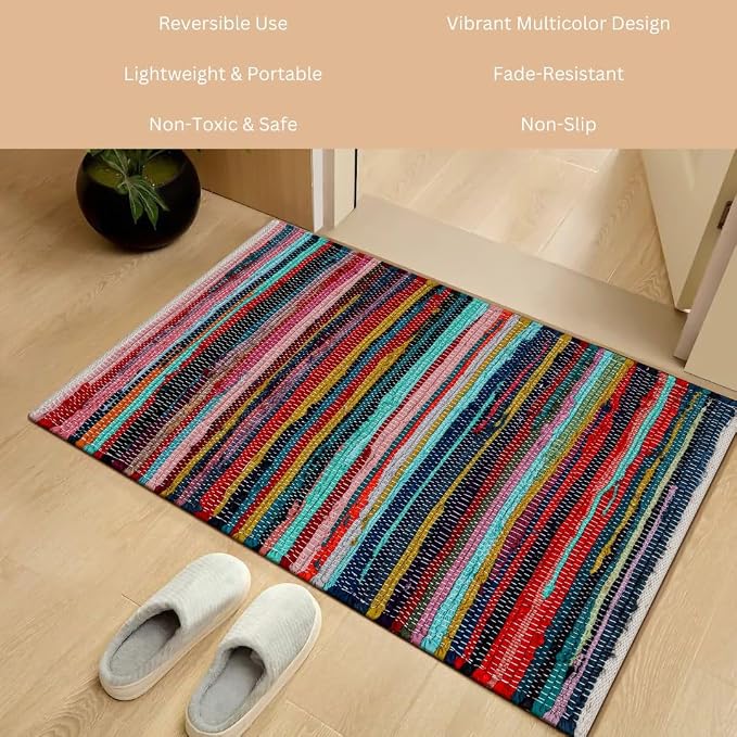 WeWove Hand Woven Chindi Rug Cotton - Boho Rustic Farmhouse Area Accent Throw Rug - Area Floor Carpet for Bedroom Living Room Kitchen Dorm Entryway Hallway - 20x32 inch Area Rug Multicolor