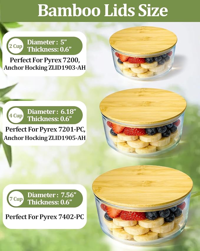 Replacement Wooden Lids for Pyrex, Anchor Hocking Glass Containers, 7201-PC*2, Bamboo Lids for Pyrex 4Cup Glass Bowls, Bowl Covers with Leakproof Silicone Gasket 2 Pack