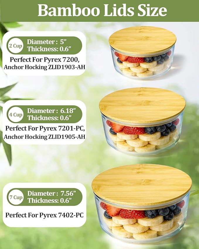 Replacement Wooden Lids for Pyrex, Anchor Hocking Glass Containers, 7200-PC*4, Bamboo Lids for Pyrex 2Cup Glass Bowls, Bowl Covers with Leakproof Silicone Gasket 4 Pack