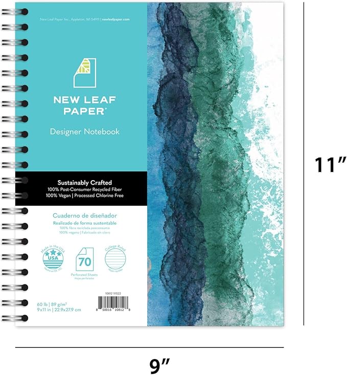 Large Spiral Bound Recycled Notebook, Watercolor Design, 11" x 9", 70 Sheets, Double-Wire, College Ruled, Vegan, Made in USA