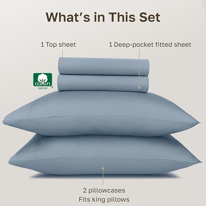 California Design Den 100% Egyptian Cotton King Size Bed Sheets Set - Certified Authentic Luxury, Soft and Durable Sateen, Deep Pocket King Egyptian Cotton Sheet Set - Blue Hydrangea