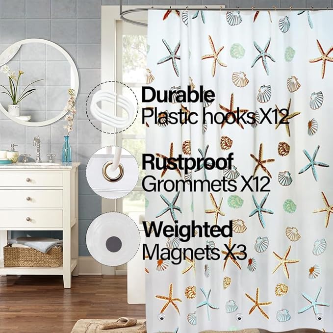Plastic Shower Liner - Premium PEVA 4G Shower Curtain Liner with Rustproof Grommets and 3 Weighted Magnets, Waterproof Shower Curtains for Bathroom (Starfish)
