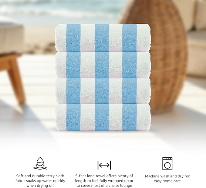 CASA COPENHAGEN Cabana Beach Towel Designed in Denmark Rough and Tough, Quick Dry, Beach, Pool, Bath & Shower 30x60 inches 4 Pieces Cotton Beach Bath Towels Set - Sky Blue