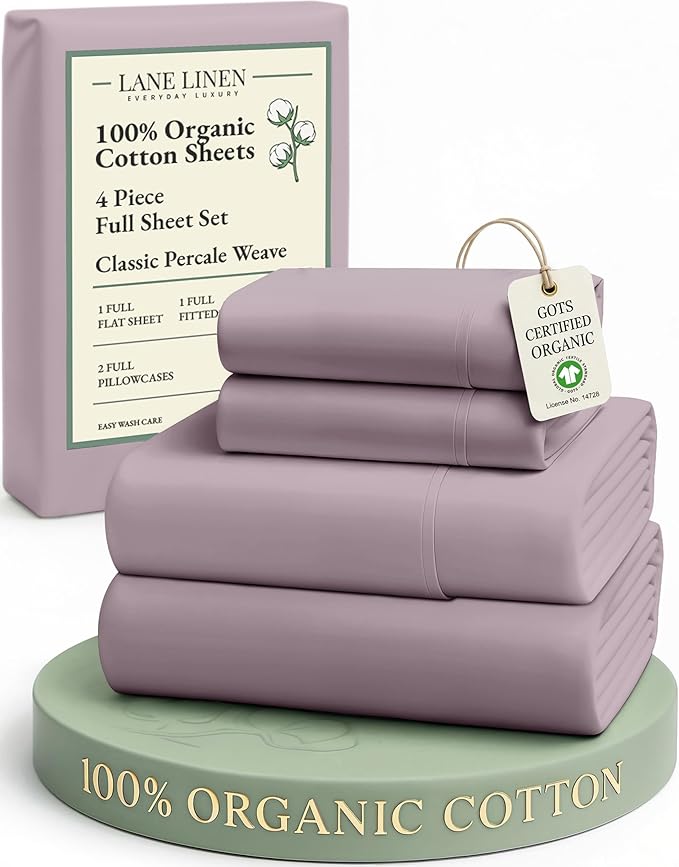 LANE LINEN Eco Friendly 100% Organic Cotton Bed Sheets Full Size, Fully Elasticized Reinforsed Seams, Machine Washable Naturally Cooling Full Sheet Deep Pocket Bedding- Lilac